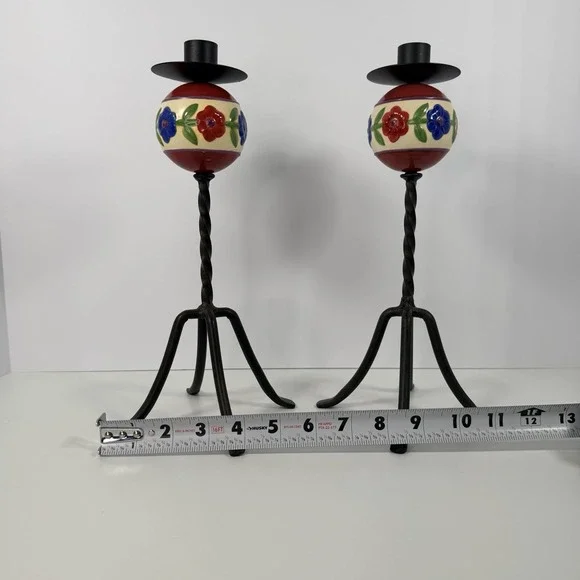 Jim Shore Candlestick Set Wrought Iron Folk Art Floral Ceramic Ball Red and Blue - Picture 9 of 10